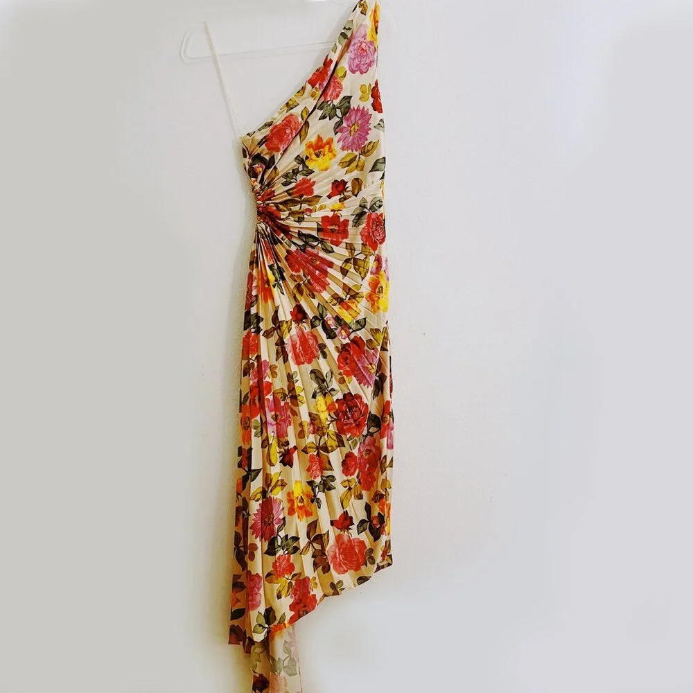 Romantic Garden Pleated Asymmetric Midi Dress with Cutout - Picture 5 of 12